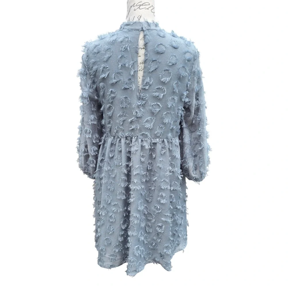 Zara Textured Fringe Circle Applique Babydoll Mini Dress Dusty Blue Small - Picture 6 of 10